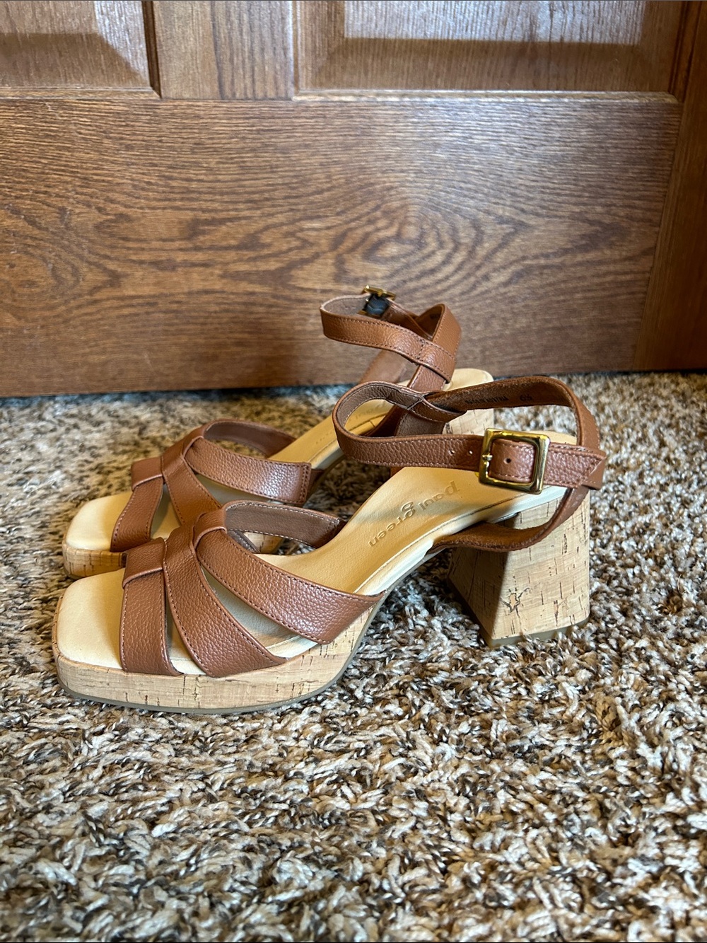 Paul Green Brown Leather Cork Block Heel Sandals Ankle Strap Size 9